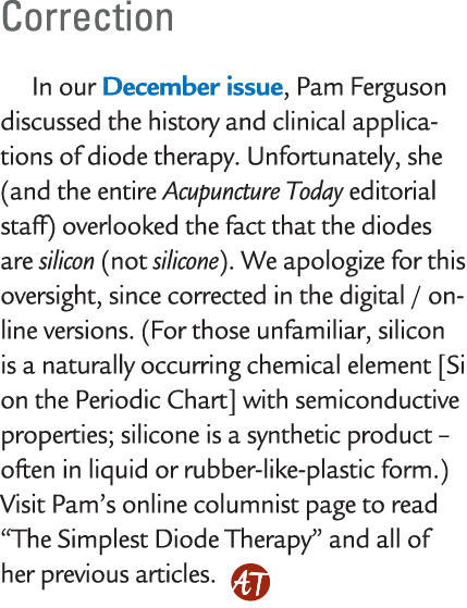 Correction In our December issue, Pam Ferguson discussed the history and clinical applications of diode therapy. Unfo...