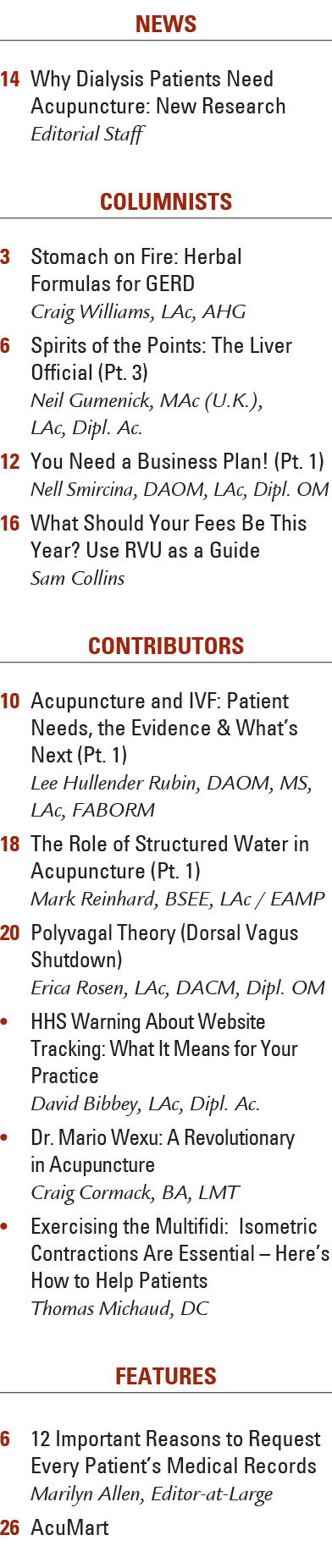 News 14 Why Dialysis Patients Need Acupuncture: New Research Editorial Staff Columnists 3 Stomach on Fire: Herbal For...