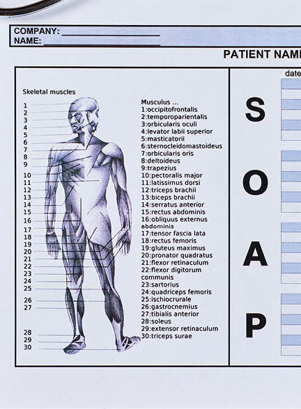 Patient SOAP note sheet, stethoscope and pen on corkwood background. Flat lay.