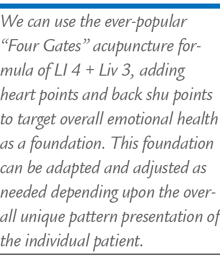 We can use the ever popular “Four Gates” acupuncture formula of LI 4 + Liv 3, adding heart points and back shu points...