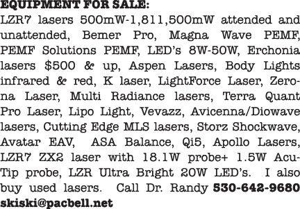 EQUIPMENT FOR SALE: LZR7 lasers 500mW 1,811,500mW attended and unattended, Bemer Pro, Magna Wave PEMF, PEMF Solutions...