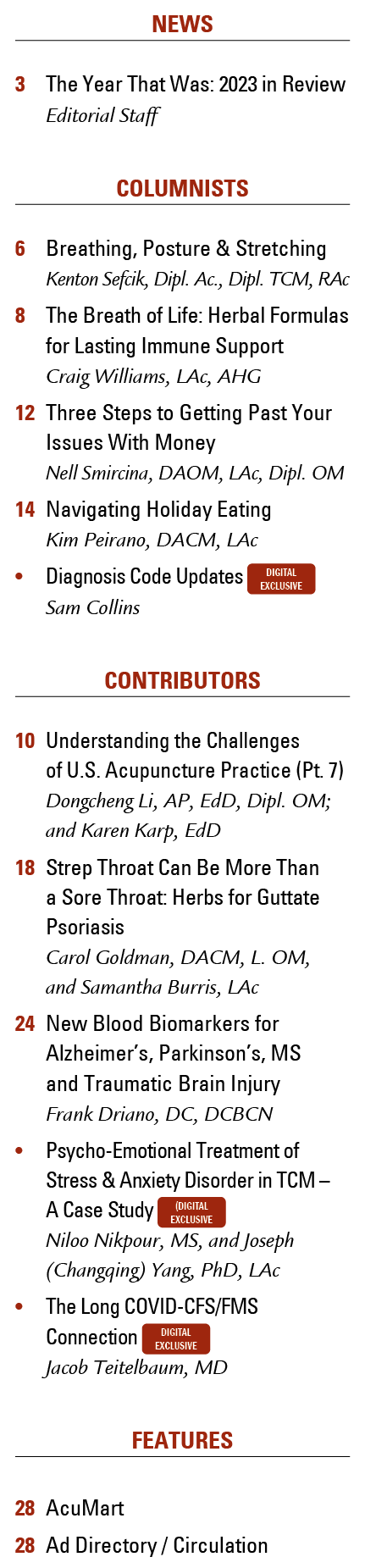 News 3 The Year That Was: 2023 in Review Editorial Staff Columnists 6 Breathing, Posture & Stretching Kenton Sefcik, ...