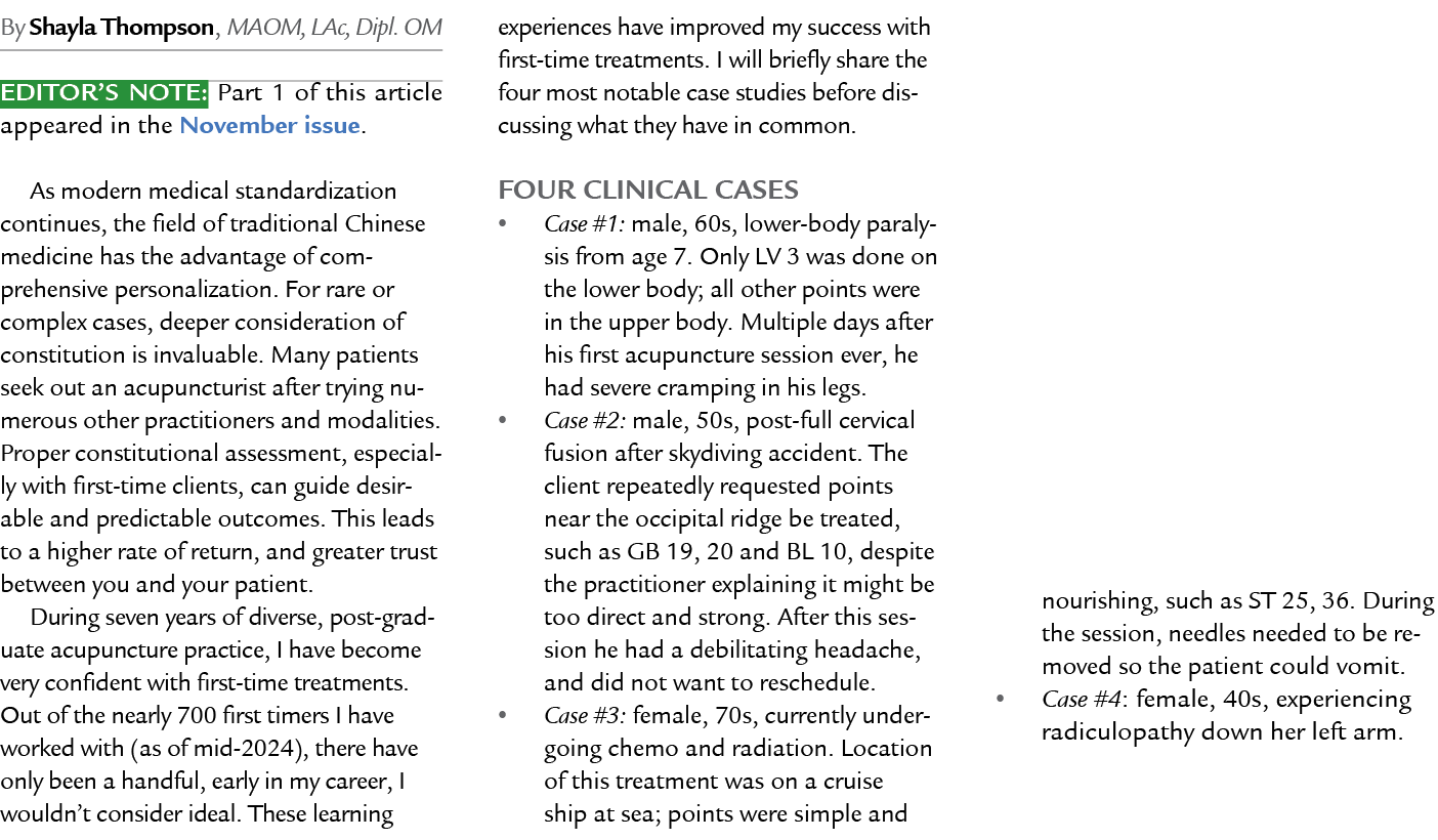 By Shayla Thompson, MAOM, LAc, Dipl. OM Editor’s Note: Part 1 of this article appeared in the November issue. As mode...