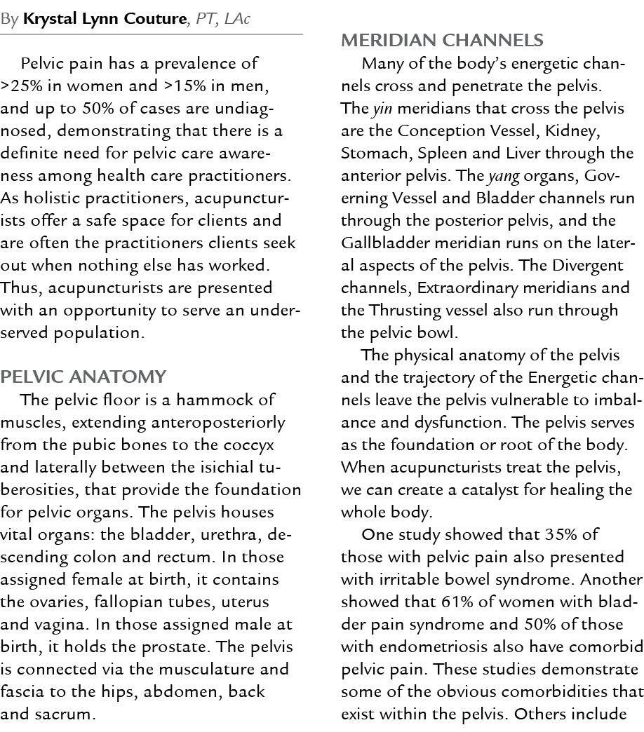 By Krystal Lynn Couture, PT, LAc Pelvic pain has a prevalence of 25% in women and  15% in men, and up to 50% of case...