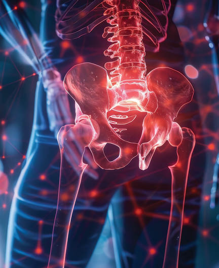 Detailed view of a person hip pain, overlaid with a red hologram and diagram of the hip joint