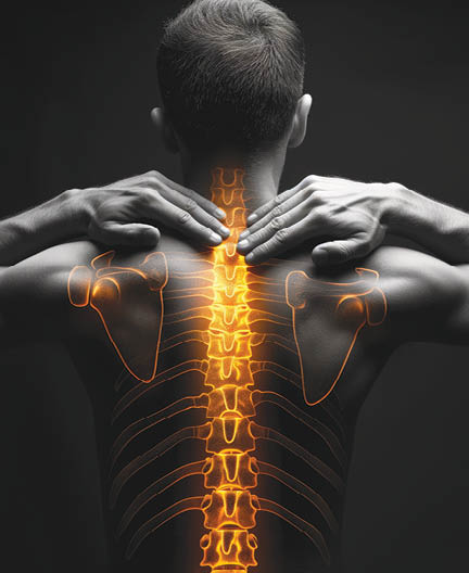 Shoulder-scapular periarthritis, shoulder blades and neck pain, intervertebral spine hernia, man with back pain on a black background, spinal disc disease