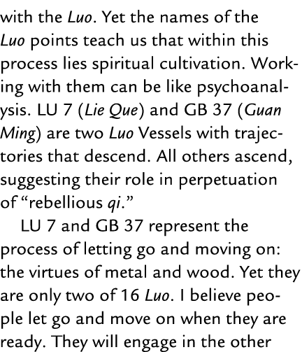 with the Luo. Yet the names of the Luo points teach us that within this process lies spiritual cultivation. Working w...