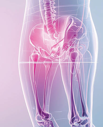 The artwork depicts a human silhouette with transparent skin, focusing on the pelvic and hip areas where pain or discomfort is illustrated with bright colors.