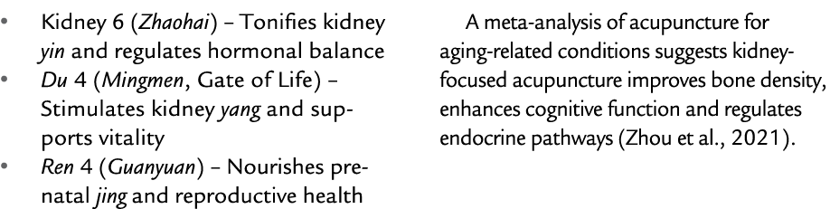 • Kidney 6 (Zhaohai) – Tonifies kidney yin and regulates hormonal balance • Du 4 (Mingmen, Gate of Life) – Stimulates...