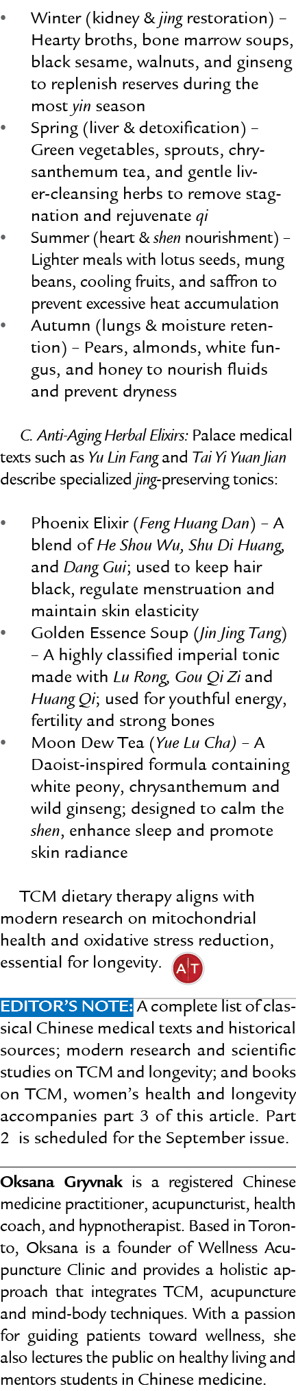 • Winter (kidney & jing restoration) – Hearty broths, bone marrow soups, black sesame, walnuts, and ginseng to replen...