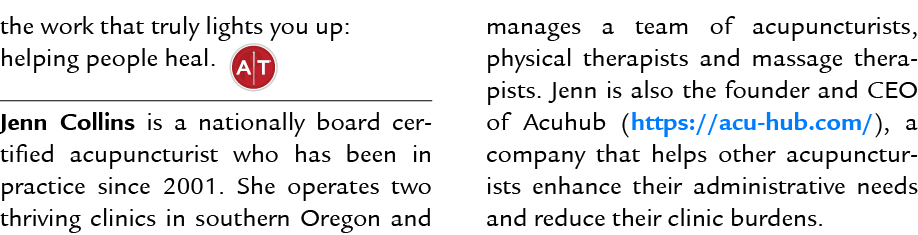 the work that truly lights you up: helping people heal. ￼ Jenn Collins is a nationally board certified acupuncturist ...