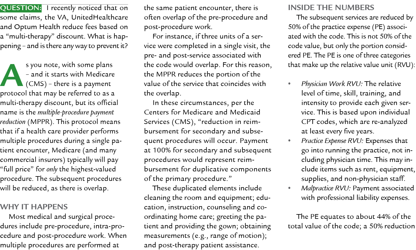 Question: I recently noticed that on some claims, the VA, UnitedHealthcare and Optum Health reduce fees based on a “m...