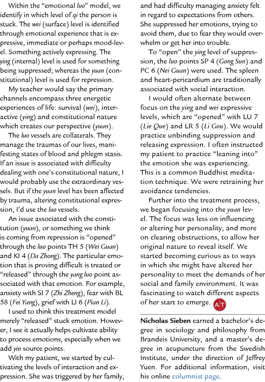 Within the “emotional luo” model, we identify in which level of qi the person is stuck. The wei (surface) level is id...