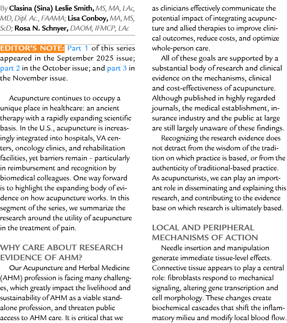 By Clasina (Sina) Leslie Smith, MS, MA, LAc, MD, Dipl. Ac., FAAMA; Lisa Conboy, MA, MS, ScD; Rosa N. Schnyer, DAOM, I...