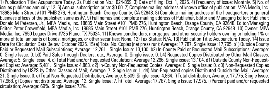 1) Publication Title: Acupuncture Today. 2). Publication No.: 024 859. 3) Date of filing: Oct. 1, 2025. 4) Frequency ...