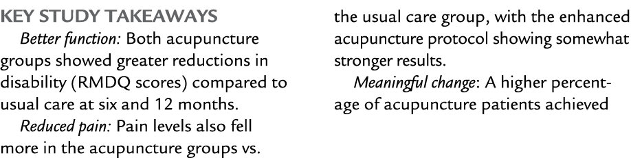 Key Study Takeaways Better function: Both acupuncture groups showed greater reductions in disability (RMDQ scores) co...