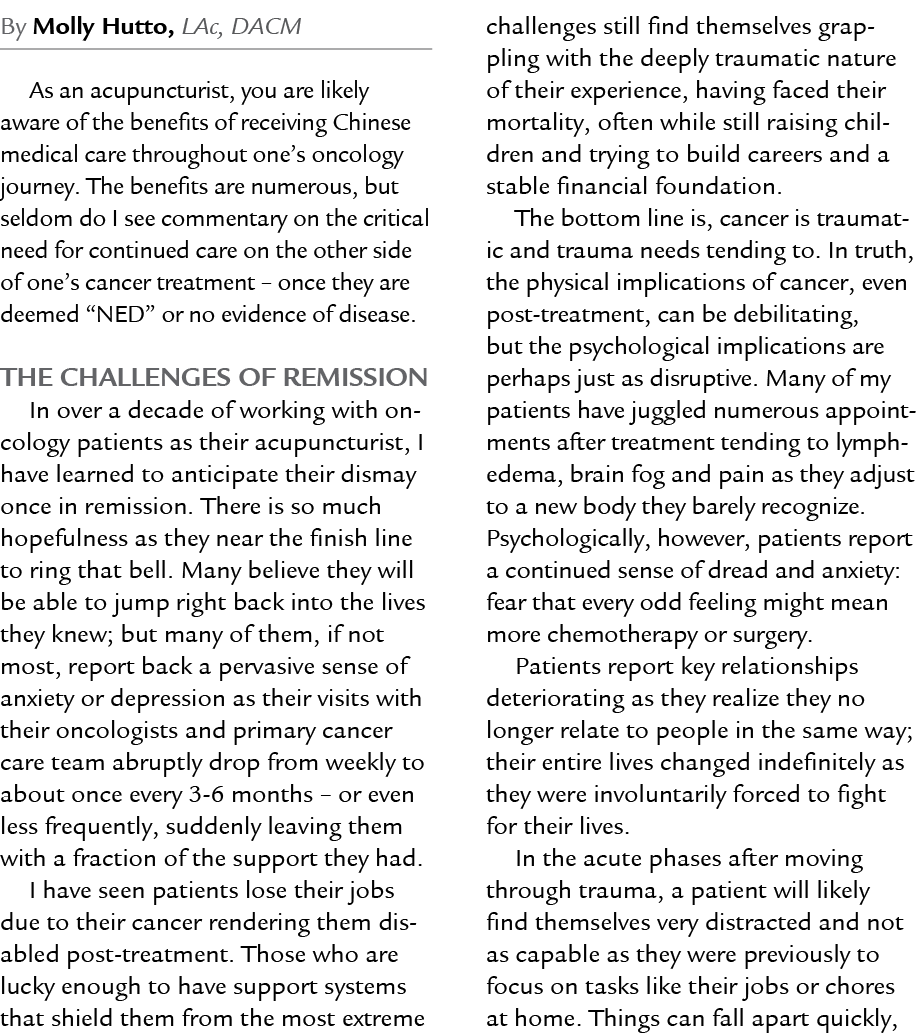 By Molly Hutto, LAc, DACM As an acupuncturist, you are likely aware of the benefits of receiving Chinese medical care...