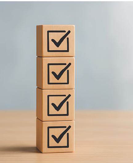 four wooden blocks stacked vertically showing check marks in boxes symbolizing the completion of a list or process