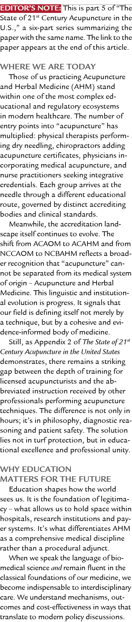 Editor’s Note: This is part 5 of “The State of 21st Century Acupuncture in the U.S.,” a six part series summarizing t...