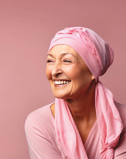 Middle-aged woman cancer patient wearing headscarf and smiling on pink background. Created with Generative AI technology.