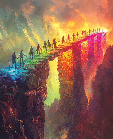 A vibrant, digital landscape depicting a colorful bridge connecting two cliffs with silhouettes of travelers, evoking adventure.