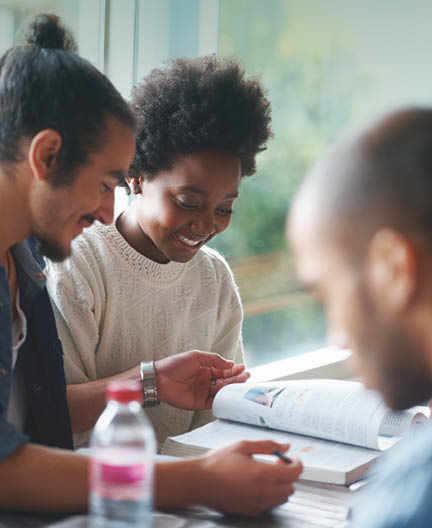 A group of college students sitting together and studying.