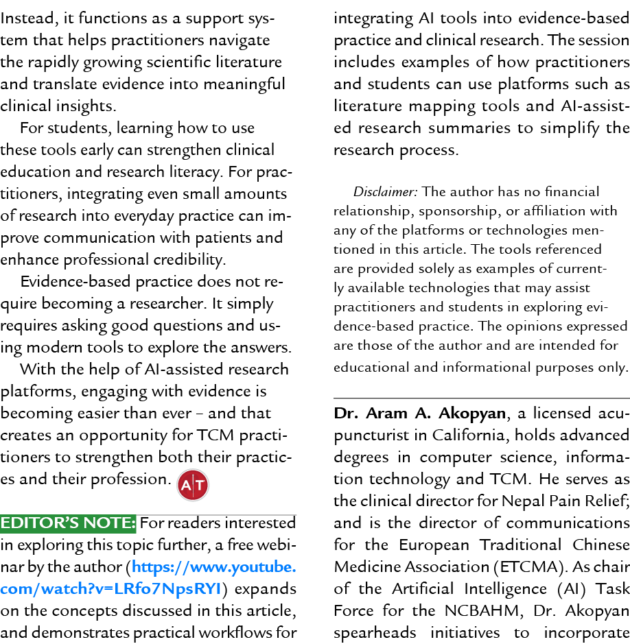 Instead, it functions as a support system that helps practitioners navigate the rapidly growing scientific literature...