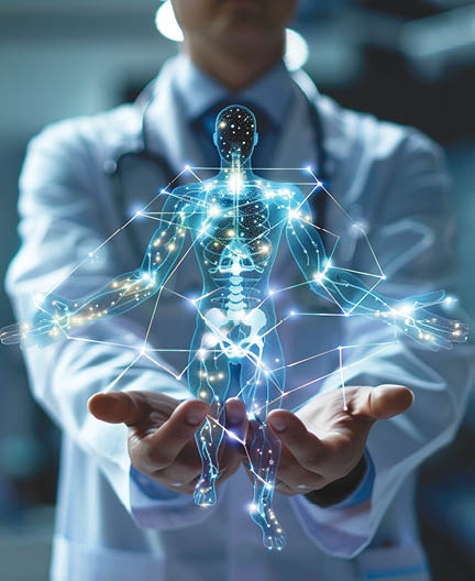 A doctor holding an abstract human body with glowing connections between different parts of the body,
