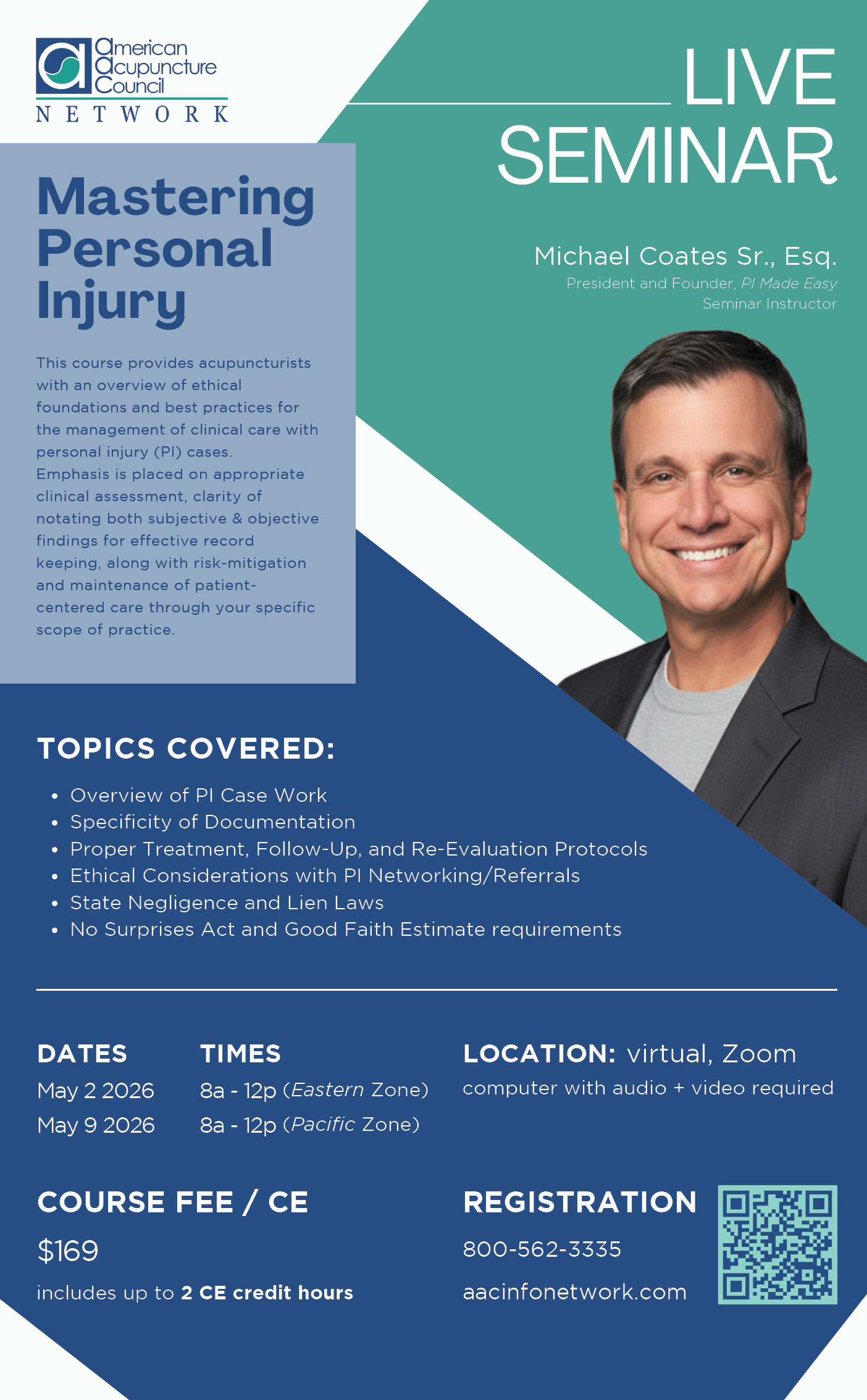 A man is smiling in a poster advertising a seminar on personal injury. AI generated content