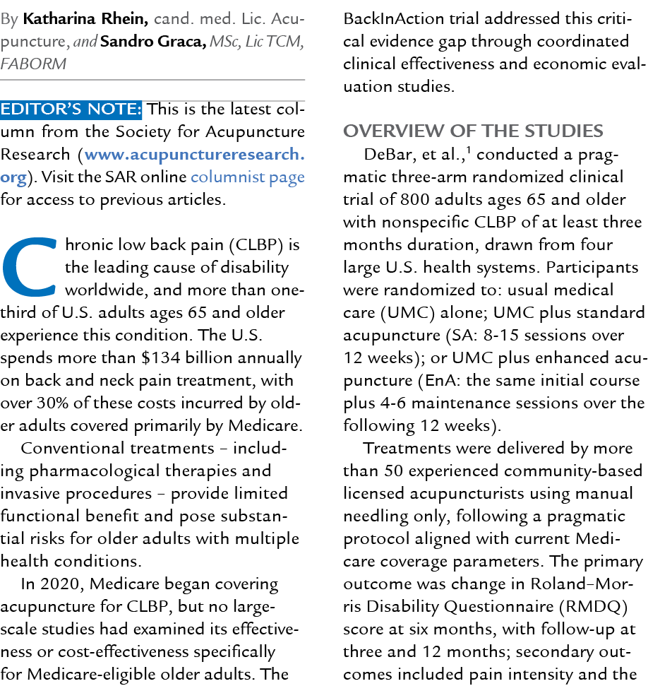 By Katharina Rhein, cand. med. Lic. Acupuncture, and Sandro Graca, MSc, Lic TCM, FABORM Editor’s Note: This is the la...