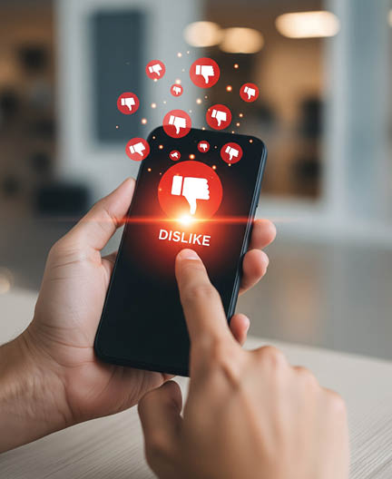A hand holding a smartphone displaying a large 'dislike' button, with multiple thumbs down icons floating around. Represents negative feedback on social media, online criticism, or disapproval in digital communication.