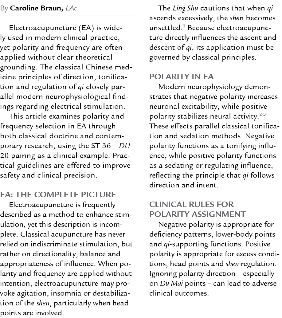 By Caroline Braun, LAc Electroacupuncture (EA) is widely used in modern clinical practice, yet polarity and frequency...
