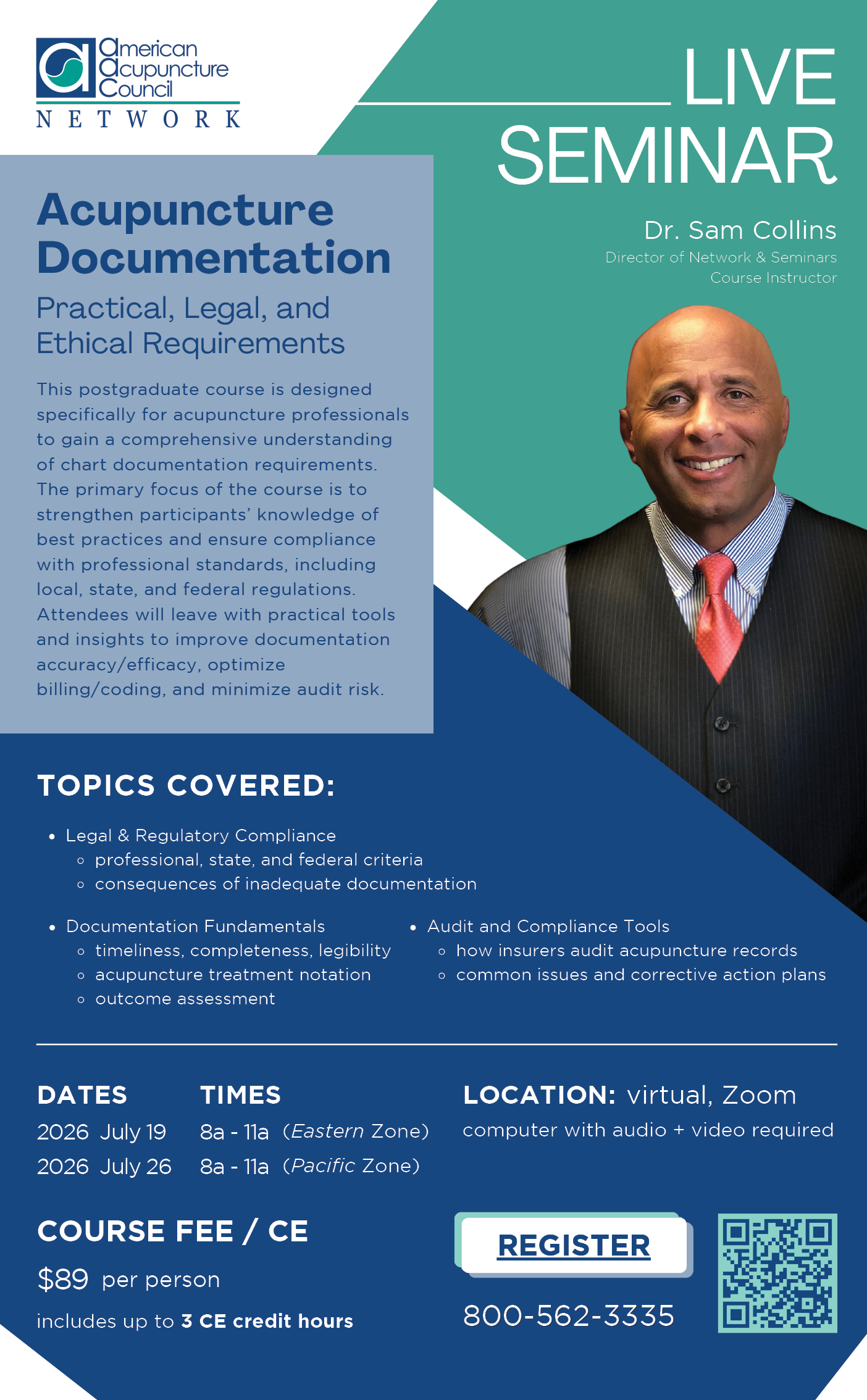 A man in a suit is smiling for a poster advertising a seminar on acupuncture. AI generated content