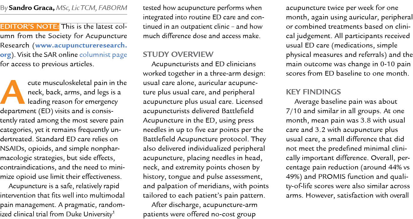By Sandro Graca, MSc, Lic TCM, FABORM Editor’s Note: This is the latest column from the Society for Acupuncture Resea...