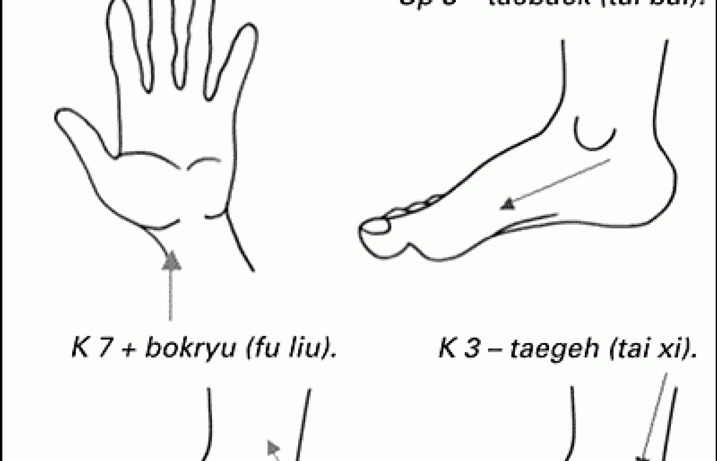 Diagram showing acupuncture points of writst, ankle and foot.